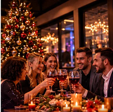 Festlich gedeckter Tisch mit Weihnachtsbaum, eine Runde stößt an