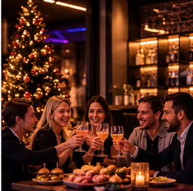 Eine Runde stößt am festlich gedeckten Tisch an, daneben der geschmückte Weihnachtsbaum