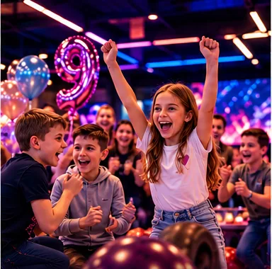 Kinder jubeln vor der Bowlingbahn, im Hintergrund bunte Luftballons