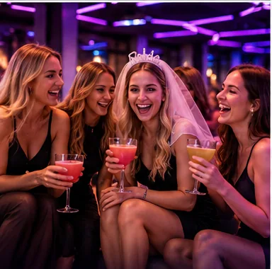 Die Braut mit Schleier stößt mit ihren Freundinnen auf Cocktails an