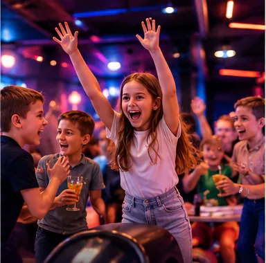 Ein Mädchen jubelt mit erhobenen Armen, die anderen Kinder feiern mit
