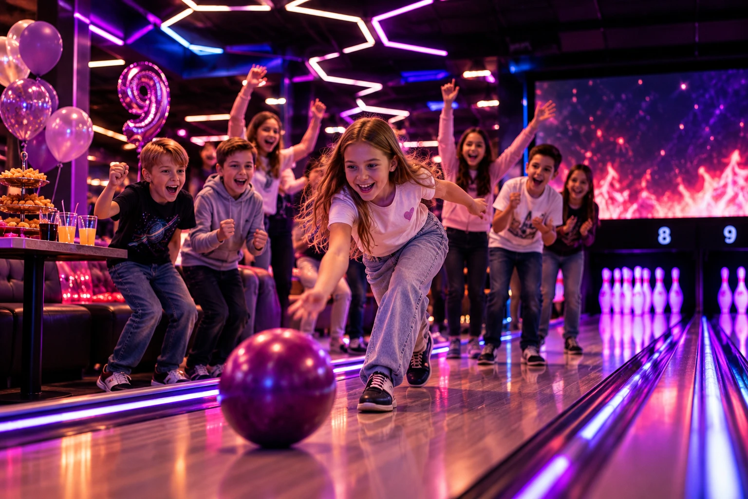 Eine Gruppe Kinder jubelt an der Bowlingbahn, ein Mädchen hat gerade die Kugel losgelassen, im Hintergrund Luftballons und ein Geburtstagstisch