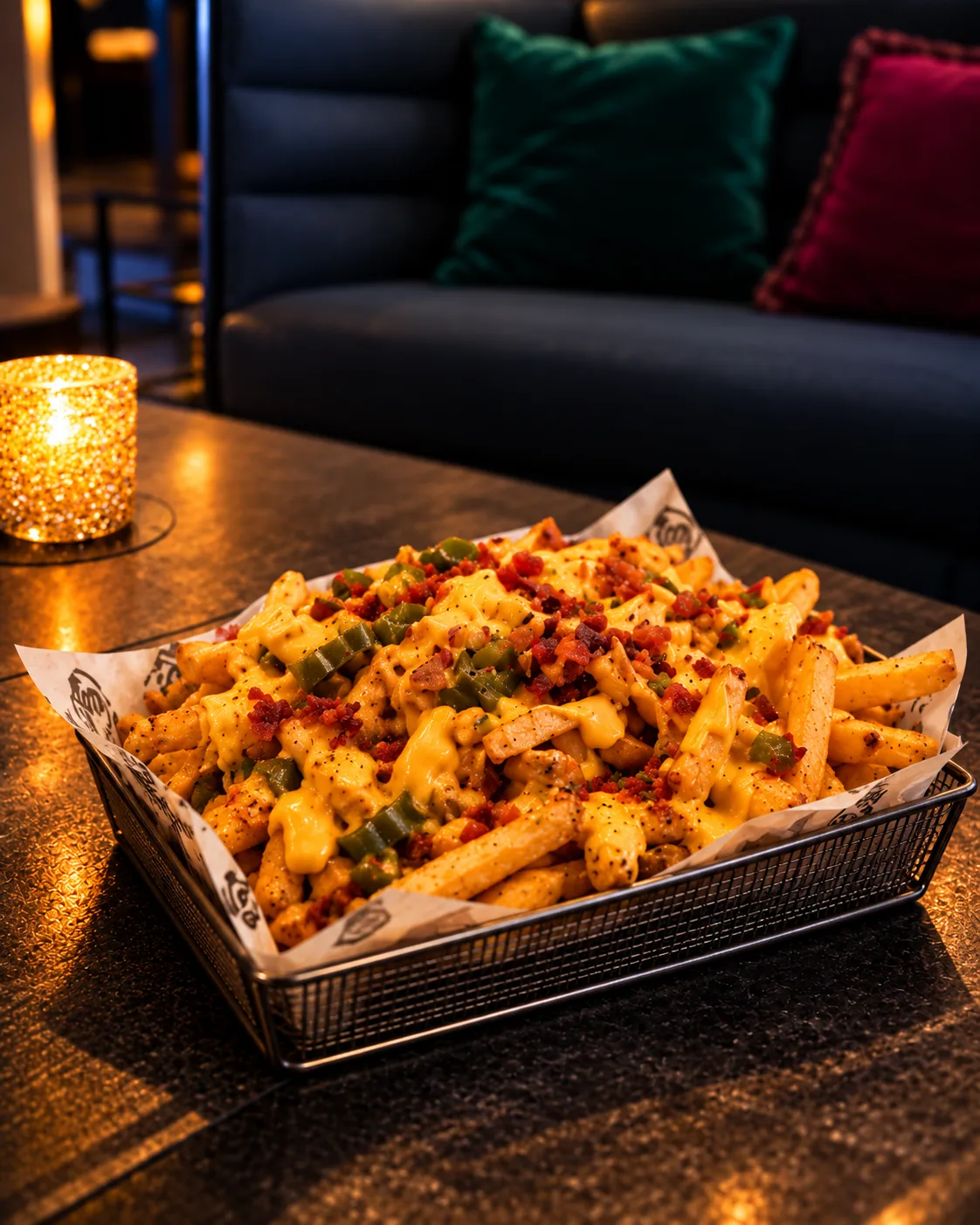 Käse-Pommes im Drahtkörbchen auf dem Tisch der Lounge, daneben eine Kerze